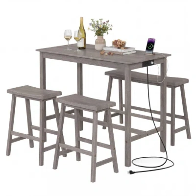 Costway 4-piece Counter Height Dining Table Set With Power Outlet Solid Rubber Wood Kitchen Table-gray In Brown