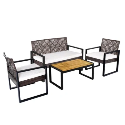 Costway 4-piece Patio Set With Acacia Coffee Table And Wicker Chairs For Backyard-brown & Black