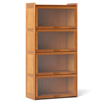 Costway 4-tier Bamboo Bookcase With Doors For Study Room Living Room-brown