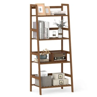 Costway 4-tier Bamboo Plant Rack With Guardrails Stable And Space-saving-walnut In Brown