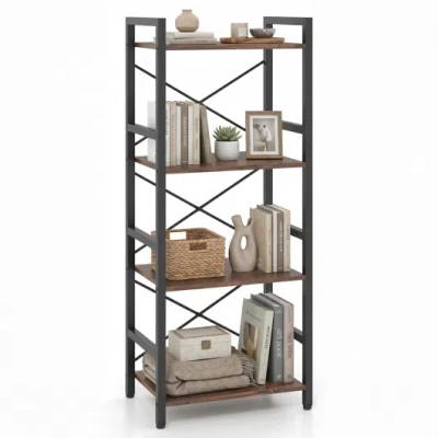 Costway 4-tier Bookshelf Narrow Freestanding Display Shelf With Metal Frame-rustic Brown In Gray