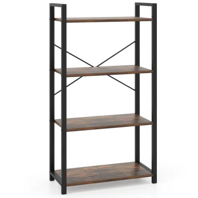 Costway 4-tier Bookshelf With Heavy Duty Metal Frame Industrial Display Shelf-rustic Brown
