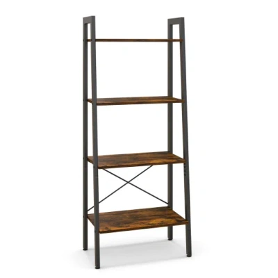 Costway 4-tier Bookshelf With Metal Frame And Adjustable Foot Pads-rustic Brown