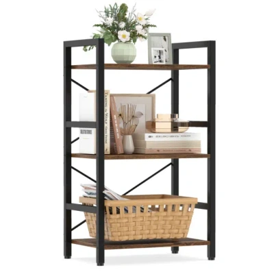 Costway 4-tier Bookshelf With Metal Frame And Wooden Storage Racks For Study-rustic Brown In Black