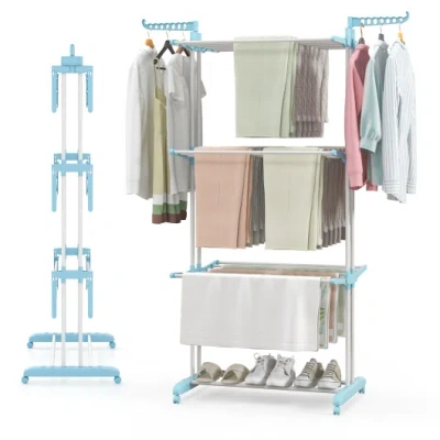 Costway 4-tier Clothes Drying Rack With Rotatable Side Wings And Collapsible Shelves-blue
