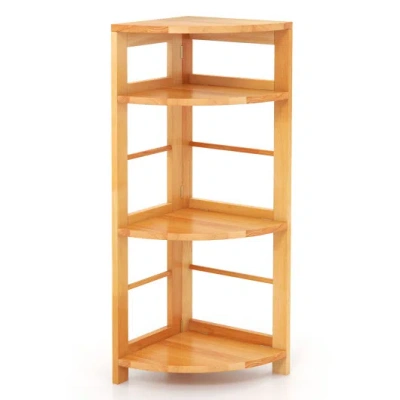 Costway 4-tier Corner Shelf With Rubber Wood Frame And Anti-toppling Kit In Brown
