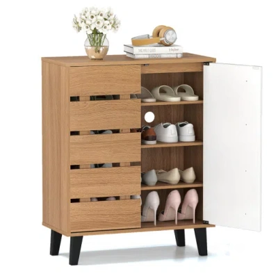 Costway 4-tier Farmhouse Shoe Organizer With Louvered Door-natural And White In Brown