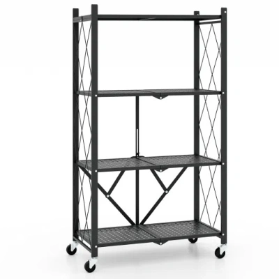 Costway 4-tier Foldable Storage Shelf Collapsible Storage Rack With Lockable Wheels-black In Multi