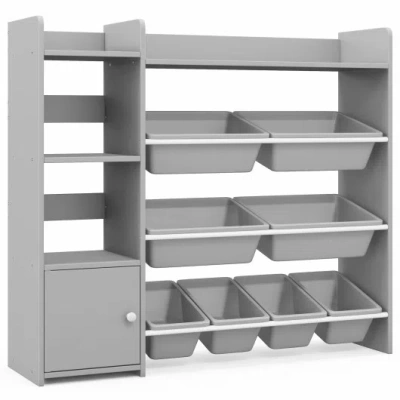 Costway 4-tier Kids Bookshelf And Toy Storage Rack With 8 Toy Organizer Bins-grey In Multi