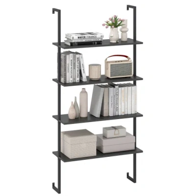 Costway 4-tier Ladder Shelf Open Wall Mounted Bookcase With Wooden Boards And Metal Frame-black In Multi