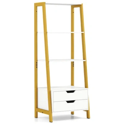 Costway 4-tier Ladder Shelf With 2 Drawers 52.5 Inch Tall Freestanding Bookcase-white In Multi