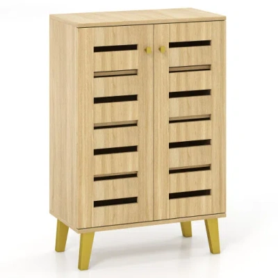 Costway 4-tier Modern Freestanding Wooden Shoe Cabinet With Doors And Removable Shelves-oak In Brown