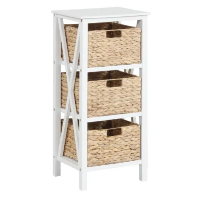 Costway 4-tier Nightstand With 3 Seagrass Baskets Narrow X-design-4 Tier-white In Gray