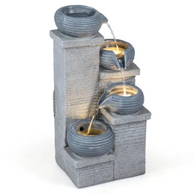Costway 4-tier Outdoor Water Fountain Cascading Bowl Waterfall Fountain With Led Lights In Gray
