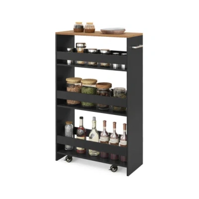 Costway 4-tier Rolling Storage Cart Slim Kitchen Cart On Wheels With Open Shelves And Handle-black