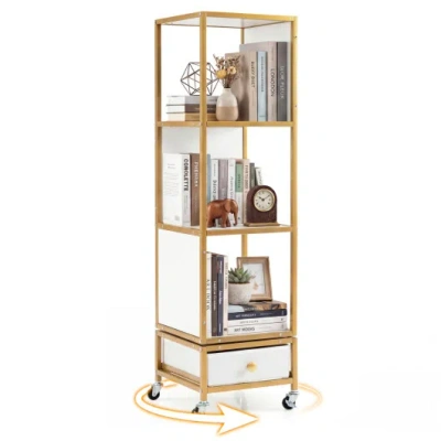 Costway 4-tier Rotating Bookshelf On Wheels With Removable Drawer-white In Gold