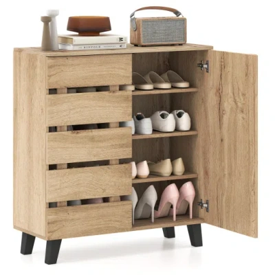 Costway 4-tier Shoe Cabinet 2-door Storage Organizer With Louvered Door-natural In Brown