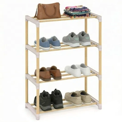 Costway 4-tier Solid Wood Shoe Rack With Slatted Open Shelves-gray In Brown