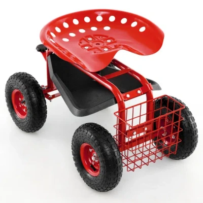 Costway 4-wheel Rolling Garden Cart Work Seat-red