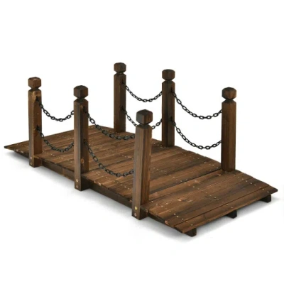 Costway 5 Feet Wooden Garden Bridge Arc Footbridge Stained Finish Walkway With Safety Rails In Brown