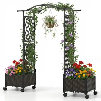 Costway 5 Ft Self-watering Planter Boxes With Lattice Trellis And Roof-brown In Black
