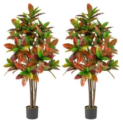 Costway 5 Ft Tall Artificial Croton Plant With Gradient Leaves And Nursery Pot-2 Pack In Multi