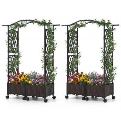 Costway 5 Ft Tall Raised Garden Bed With Lockable Wheels And Hanging Roof For Climbing Flowers-brown In Multi