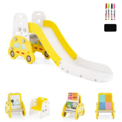 Costway 5 In 1 Convertible Toddler Slide Set Kids Art Easel With Stool And Book Rack-yellow In Multi