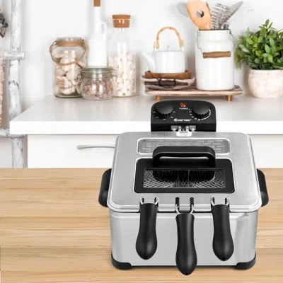 Costway 5 Liter 3 Basket Indoor Turkey Fryer With Timer In Silver;black