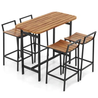 Costway 5 Piece Acacia Wood Bar Table Set Bar Height Table And Chairs With Metal Frame And Footrest In Brown