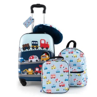 Costway 5 Piece Kids Luggage Set With Backpack, Neck Pillow, Name Tag, Lunch Bag-blue In Multi