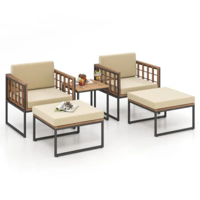 Costway 5 Piece Outdoor Furniture Set Acacia Wood Chair Set With Ottomans And Coffee Table-beige In Brown