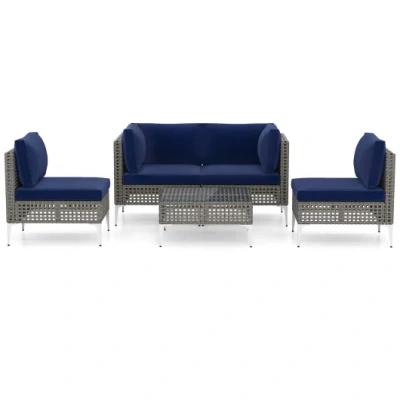 Costway 5 Piece Outdoor Furniture Set Patio Rattan Chairs With Tempered Glass Coffee Table-navy In Blue