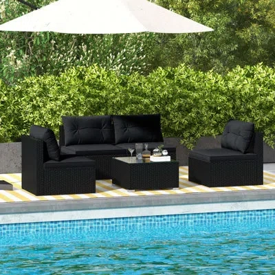 Costway 5 Piece Outdoor Furniture Set With Seat & Back Cushions Tempered Glass Tabletop In Black