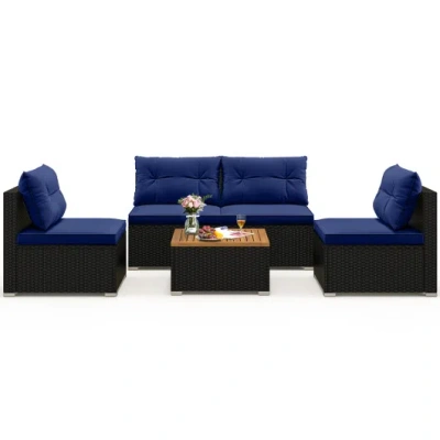 Costway 5 Piece Outdoor Furniture Set With Solid Tabletop And Soft Cushions-navy