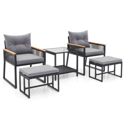Costway 5 Piece Outdoor Rattan Conversation Set With 2-layer Side Table And 2 Ottomans-gray