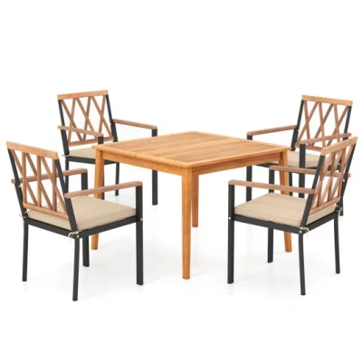 Costway 5 Piece Patio Acacia Wood Dining Set Solid Wooden Dining Furniture With Umbrella Hole In Brown