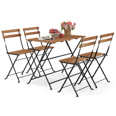 Costway 5 Piece Patio Acacia Wood Dining Set With 4 Folding Chairs-brown