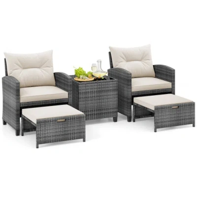 Costway 5 Piece Patio Rattan Furniture With 2 Ottomans And Tempered Glass Coffee Table-white In Multi