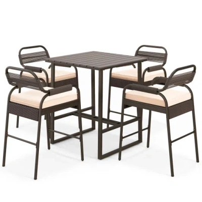 Costway 5 Piece Rattan Counter Set With 4 Stools And Polywood Bar Table-brown In Multi