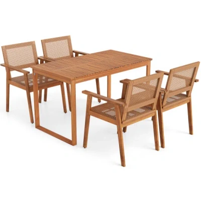 Costway 5 Pieces Acacia Wood Dining Set With Outdoor Table And Rattan Chairs For 4 Persons In Brown