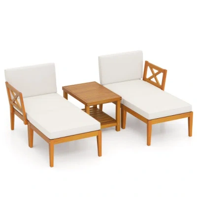 Costway 5 Pieces Acacia Wood Patio Chaise Lounge Chair Set With Ottoman And Cushions-white