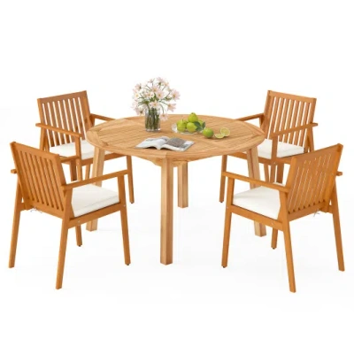 Costway 5 Pieces Acacia Wood Patio Dining Set With Umbrella Hole In Multi