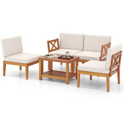 Costway 5 Pieces Acacia Wood Patio Furniture Set Outdoor Sectional Conversation Set With Cushions-off White