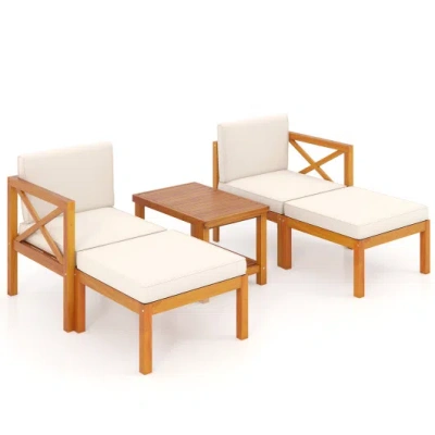 Costway 5 Pieces Acacia Wood Patio Lounge Chair Set With Ottomans And Cushions-white In Brown