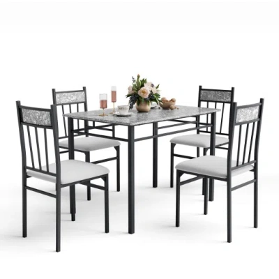 Costway 5 Pieces Faux Marble Dining Set Table With Solid Steel Frame In Black