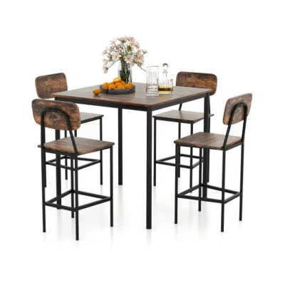Costway 5 Pieces Industrial Dining Table Set With Counter Height Table And 4 Bar Stools-coffee In Black