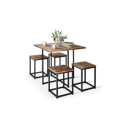 Costway 5 Pieces Metal Frame Dining Set With Compact Dining Table And 4 Stools-walnut In Brown