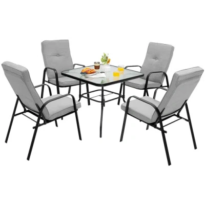 Costway 5 Pieces Outdoor Dining Set With 4 Stackable Chair And High-back Cushions In Gray