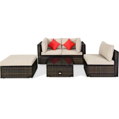 Costway 5 Pieces Outdoor Patio Rattan Furniture Set With Cushions-beige In Black